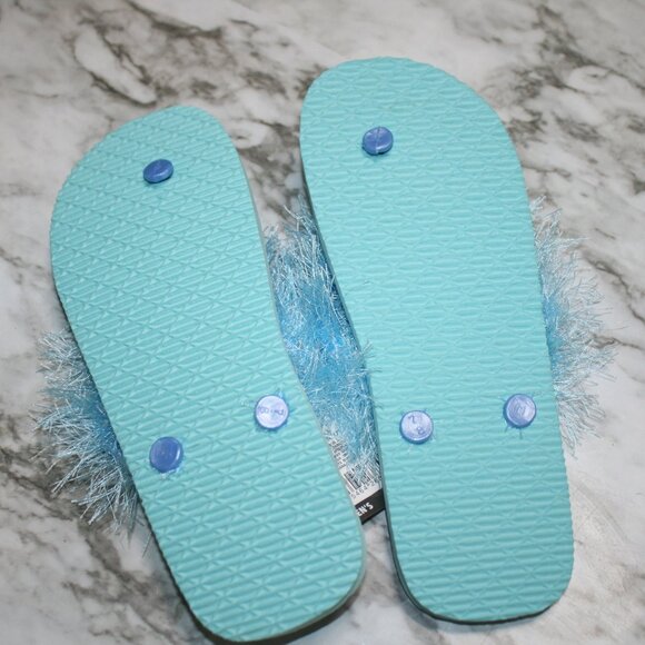 HAND CRAFTED Flip Flop Padded Thong Crochet Faux Fur Eyelash Turquoise Shoes - Picture 3 of 11